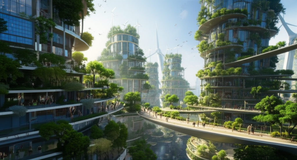 A vibrant solarpunk city showcasing community and technology in harmony with nature.